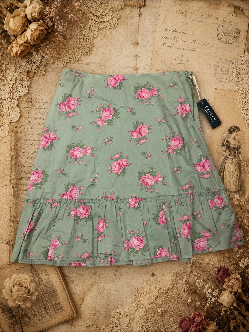 Dead stock with tag vintage Lauren Ralph Lauren Green Floral Ruffle Hem Skirt